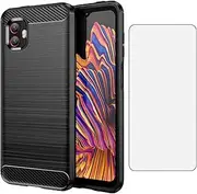 [Asuwish] Phone Case for Samsung Galaxy X Cover 6 Pro/XCover Pro 2 with Tempered Glass Screen Protector Cover and Cell Accessories Silicone Rubber Gaxaly X XCover6 6Pro 2022 Women Men Carbon Fiber Black