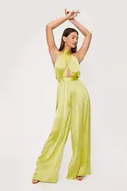 NWT Satin Halter Neck Multiway Wide Leg Jumpsuit Size 10 Chartreuse