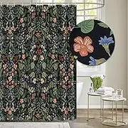 Tititex Boho Rustic Floral Black Shower Curtain, Vintage Watercolor Leaves with Flowers Bathroom Decoration Shower Curtain Sets 71x71 Inch with Hooks