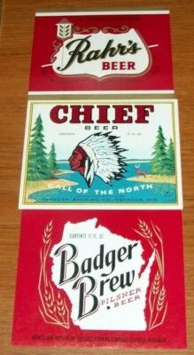 3 Beer Bottle Labels from Oshkosh - Rahr's, Chief, Badger Brew