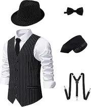 COSOUKE 1920s Gatsby Costume Men Accessories Set Funny Halloween Costumes with Vest Hat Necktie Bow Tie Suspenders