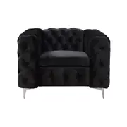 Single Seater Black Sofa Classic Armchair Button Tufted in Velvet Fabric with Metal Legs