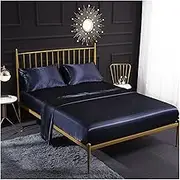 KUSQDT King Size Bedding Set 4 Piecs Bed Sheets Pillowcases Satin Sheet Solid Color Elastic Bed Sheet Cover Single Double Bedclothes 3-Piece Comforter Set Sheets(Navy Blue,3pcs 99x190x35cm)