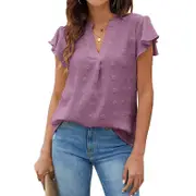 Nevenka Womens Ruffle Shirts V Neck Short Sleeve Pom Chiffon Blouses Tops-Purple