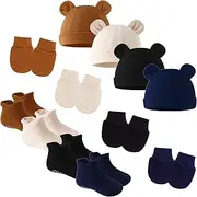[FEOYA] Baby Cotton Hat Mitten Socks Set Newborn Infant Hospital Hat Beanie Cap Gloves Socks Sets Cute Bear Ears Cap Soft Socks for Toddler Girl Boy 0-6 Months 4 Pairs Solid Color