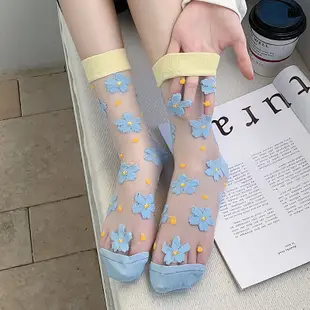 大唐襪業 D251韓國花朵夏季薄款玻璃絲中筒襪鏤空透明透氣水晶襪