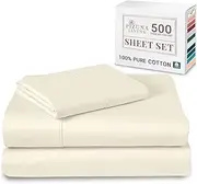 Pizuna Cotton Single Sheet Set, 500 Thread Count 100% Combed Cotton Sateen Weave Single Bed Sheet Set Include 1 Fitted Sheet, 1 Flat Sheet & 1 Pillow Case (New Ivory Sheet Set - 3 PC)