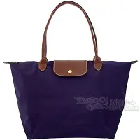 在飛比找Yahoo奇摩購物中心優惠-Longchamp深紫色咖啡色皮飾邊長背帶折疊水餃包(小)