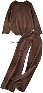 [Generic] Women Sweater 2 Piece Outfits Long Sleeve O-Neck Knit Tops Split Wide Leg Pants Sets Fashion Tracksuits