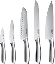 hecef Silver Kitchen Knife Set of 5, Satin Finish Blade with Hollow Handle, Includes 8" Chef, 8" Bread, 8" Santoku, 5" Utility and 3.5" paring Knife
