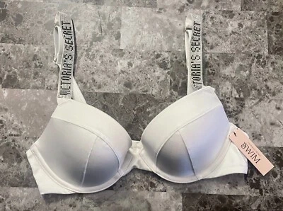 NWT VICTORIA'S SECRET 32D WHITE SILVER SHINE STRAP SEXY TEE PUSH UP BIKINI TOP