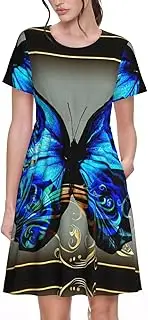 [EdWal] Blue Butterfly Print Womens Sundress Summer Floral Short Sleeve Wrap Round Neck A-Line Midi Dress Summer