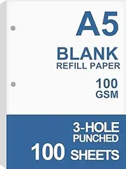 A5 Filler Paper, 3 Hole Planner Refills, Organizer, Binders, Total 100 Sheets/200 Pages, 100gsm, Blank, White Paper, 5.8 x 8.2 Inch, 3 Hole Filler Paper, Mini Binder Refills, Fit 3 Hole Binder Only
