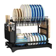 ACA 2-Tier Dish Rack Drying Drainer Cup Holder Cutlery Tray Kitchen Organiser Black