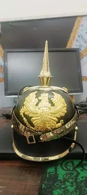 German Pickelhaube Helmet Militaria Leather Prussian with stand Imperial Black