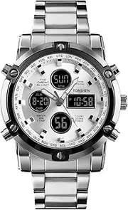 [TONSHEN] Mens Stainless Steel Digital Sport Watch Analog Quartz LED Electronic Three Time Outdoor Military Multifunction Stopwatch Alarm Back Light Countdown Fashion Casual Watches (Silver) …