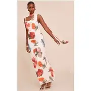 White Floral Print Chiffon Scarf Maxi Dress, White