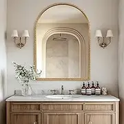 Arch Vintage Gold Mirror,24"x36" Antique Baroque Beaded Traditional Ornate Distressed Wall Mirror for Washroom, Living Room, Entryway, Bathroom, Fireplace