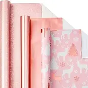 LeZakaa Christmas Wrapping Paper Roll - Mini Roll - Reindeer/Rose Gold Metallic Paper/Gold Glitter Paper for Gift Wrap, DIY Craft - 17 x 120 inches - 3 Rolls (42.5 sq.ft.ttl.)