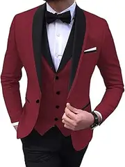 [Profan] Men's 3 Pieces Slim Fit Shawl Lapel Solid Prom Tuxedos Wedding Grooms (Blazer+Vest+Pants)(Burgundy,40)