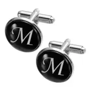 2Pcs Initial Cufflinks, Iron Round Letter Cuff Links for Men (Black/White, M)