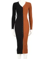 Two-Tone Split Midi Ribbed Knit Dress