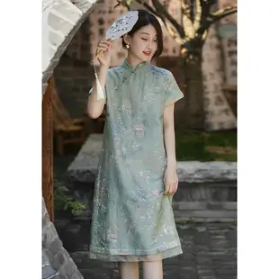 新中式洋裝  改良旗袍洋裝  夏季新款中國風復古桑蠶絲歐根紗重工繡花新中式旗袍洋裝