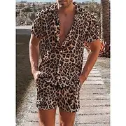 Men's Leopard 2pcs Shirts Sets Summer Hawaiian Shirt Short Sleeve Short Pants Turndown Tropical Fashion Hawaiian Casual Holiday Beach Print Summer Spring Blue