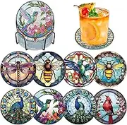 Bowetile 8PCS Diamond Art Painting Coasters Kit with Holder, Stained Glass Animals Diamond Art Kits for Adults Beginners, Gem Art Kits for Adults, Arts and Crafts Kits for Adults for Home Decor