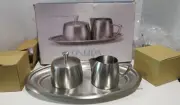 Oneida Astrid Stainless Steel Sugar & Creamer Server Tray set New in Box