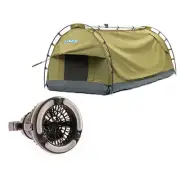 Adventure Kings Deluxe Escape Single Swag + Portable Camping 2in1 LED Light Fan
