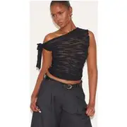 Black Sheer Bobble Crochet Asymmetric Tie Top, Black