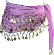 [FERCAISH] Women's Belly Dance Belt, Chiffon Hip Scarf, Dance Scarf with Coins for Belly Dance
