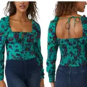 NWT Free People Hilary Green Combo Floral Smocked Peasant Top Size Small