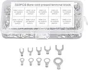 320Pcs 10 in 1 Copper Wire Crimp Fork Terminal Kit, Non-Insulated Ring Fork U-Terminal Connector with Tin-Plated, Electric Wiring Kit for Household Appliances, Automobiles