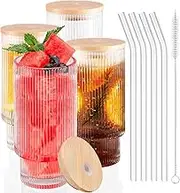 12oz Glass Cup with Lid and Straw, Ribbed Drinking Glasses, Ribbed Glass Cups, Stackable Glasses Fluted Glassware Set of 4 for Iced Coffee, Beer, Cocktail ETC...