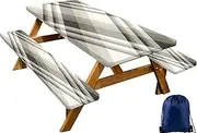 CAPSCEOLL Picnic Table Cover with Bench Covers Farm Plaid Waterproof Camping Tablecloth All-Weather Outdoor Table Protector with Drawstring Bag for Camping Essentials, 72X30in, Grey White