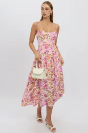 Multi Floral Midi Dress Corset Detail - Size 14L, Women's Midi Dress