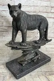 Handcrafted Bugatti Mountain Lion Bronze Sculpture Marble Base Figurine Deal
