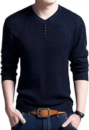 [Gsywaipei] Men's Solid V Neck Knitted Pullover Casual Long Sleeve Male Knit Sweater Slim Fit Wool Knits Sweaters, Blue, 3X-Large