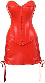[FAWENLI] Fashion Sexy Leather Corset Dress Sexy Steampunk Overbust Corset Bustier Lingerie Top With Mini Skirt Set Show