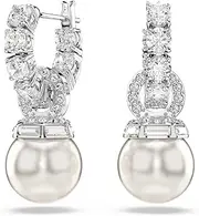 [Swarovski] Matrix Drop Earrings, White Round Cut Crystals and Crystal Pearls in a Rhodium Plated Setting
