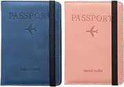 [H HOME-MART] Passport Holder,Passport Covers with SIM Slot,RFID Blocking Passport Wallet Case Passport Travel Book Holder Cover Case,PU Leather Document Organizer Protector,for Boarding Passes (Blue and Pink)