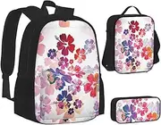 [ERCgad] Hawaiian Flower Print Print Canvas 3-In-1 School Bags Set Backpack Lunch Bag Pencil Case Combo For Men Women, Black, One Size