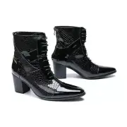 Men's Leather Ankle Boots High Block Heels Chic Formal Lace up Pointed toe Shoes