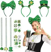 Gibocot 8pcs St. Patrick's Day Accessories Set for Adult Kids with St Patricks Day Headbands Shamrock Necklaces Four Leaf Clover Temporary Tattoos for St. Patrick's Lucky Irish Party Favors