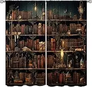 Vintage Bookshelf Curtain Middle Ages 3D Design Bookshelf Drapes Mid Century Bookcase House Rod Pocket Window Treatment Decor for Kids Study Bedroom Living Room Curtains 84x84in