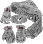 [CALLARON] 1 Set Bear Ear Hooded Cap Set for Women Thickened Warm Hat Scarf Gloves Mask Windproof Outdoor Sports Wear for Activities Stylish Functional Cold Weather Gear Grey