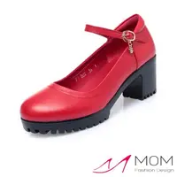 在飛比找momo購物網優惠-【MOM】真皮跟鞋 粗跟跟鞋 一字跟鞋/真皮淺口防水台一字繫