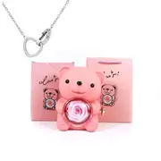 Eternal Rose Teddy Bear Gift Box with Necklace (Pink Silver)